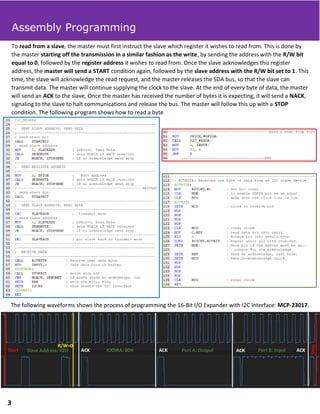 To read from a slave, the master must first instruct the slave which register it wishes to read from. This is done by
the master starting off the transmission in a similar fashion as the write, by sending the address with the R/W bit
equal to 0, followed by the register address it wishes to read from. Once the slave acknowledges this register
address, the master will send a START condition again, followed by the slave address with the R/W bit set to 1. This
time, the slave will acknowledge the read request, and the master releases the SDA bus, so that the slave can
transmit data. The master will continue supplying the clock to the slave. At the end of every byte of data, the master
will send an ACK to the slave, Once the master has received the number of bytes it is expecting, it will send a NACK,
signaling to the slave to halt communications and release the bus. The master will follow this up with a STOP
condition. The following program shows how to read a byte
The following waveforms shows the process of programming the 16-Bit I/O Expander with I2C Interface: MCP-23017.
ACK ACKACK ACKStart
Stop
Slave Address: 42H IODIRA: 00H Port A: Output Port B: Input
R/W=0
Assembly Programming
3
 