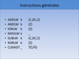 Instructions générales du titre
 Cliquez pour modifier le style
•   Cliquez pour modifier les styles du texte du
•   ADDLW k
    masque              (C,DC,Z)
•   ANDLW k niveau
     – Deuxième         (Z)
•   IORLW k niveau
        • Troisième (Z)
            – Quatrième niveau
•   MOVLW k             _
                » Cinquième niveau
•   SUBLW k             (C,DC,Z)
•   XORLW k             (Z)
•   CLRWDT _            TO,PD

18/12/2010                                         10
 