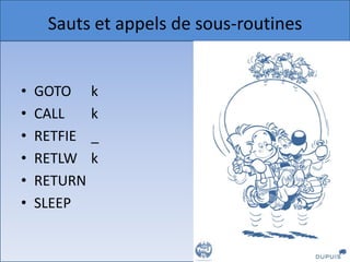 Sautspour modifier le style du titre
 Cliquez  et appels de sous-routines

•   Cliquez pour modifier les styles du texte du
•   GOTO
    masque k
•    – Deuxième niveau
    CALL        k
        • Troisième niveau
•   RETFIE– Quatrième niveau
                _
•   RETLW » Cinquième niveau
                k
•   RETURN
•   SLEEP

18/12/2010                                         11
 
