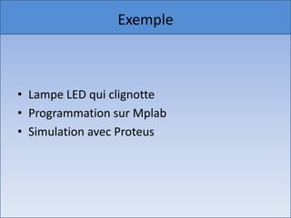 Exemple style du titre
 Cliquez pour modifier le
• Cliquez pour modifier les styles du texte du
  masque
   – Deuxième niveau
• Lampe LED qui clignotte
      • Troisième niveau
• Programmation sur Mplab
          – Quatrième niveau
• SimulationCinquième niveau
              » avec Proteus




18/12/2010                                       14
 