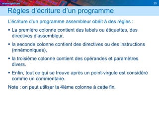 www.geii.eu 25
Règles d’écriture d’un programme
L’écriture d’un programme assembleur obéit à des règles :
 La première colonne contient des labels ou étiquettes, des
directives d’assembleur,
 la seconde colonne contient des directives ou des instructions
(mnémoniques),
 la troisième colonne contient des opérandes et paramètres
divers.
 Enfin, tout ce qui se trouve après un point-virgule est considéré
comme un commentaire.
Note : on peut utiliser la 4ième colonne à cette fin.
 