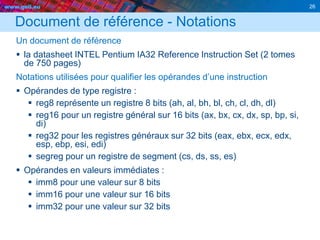 www.geii.eu 26
Document de référence - Notations
Un document de référence
 la datasheet INTEL Pentium IA32 Reference Instruction Set (2 tomes
de 750 pages)
Notations utilisées pour qualifier les opérandes d’une instruction
 Opérandes de type registre :
 reg8 représente un registre 8 bits (ah, al, bh, bl, ch, cl, dh, dl)
 reg16 pour un registre général sur 16 bits (ax, bx, cx, dx, sp, bp, si,
di)
 reg32 pour les registres généraux sur 32 bits (eax, ebx, ecx, edx,
esp, ebp, esi, edi)
 segreg pour un registre de segment (cs, ds, ss, es)
 Opérandes en valeurs immédiates :
 imm8 pour une valeur sur 8 bits
 imm16 pour une valeur sur 16 bits
 imm32 pour une valeur sur 32 bits
 