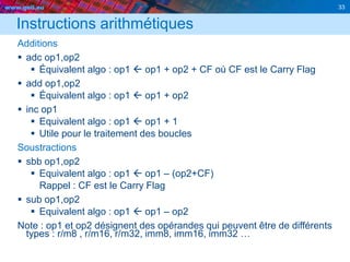 www.geii.eu 33
Instructions arithmétiques
Additions
 adc op1,op2
 Équivalent algo : op1  op1 + op2 + CF où CF est le Carry Flag
 add op1,op2
 Équivalent algo : op1  op1 + op2
 inc op1
 Equivalent algo : op1  op1 + 1
 Utile pour le traitement des boucles
Soustractions
 sbb op1,op2
 Equivalent algo : op1  op1 – (op2+CF)
Rappel : CF est le Carry Flag
 sub op1,op2
 Equivalent algo : op1  op1 – op2
Note : op1 et op2 désignent des opérandes qui peuvent être de différents
types : r/m8 , r/m16, r/m32, imm8, imm16, imm32 …
 