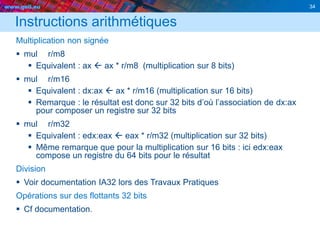 www.geii.eu 34
Instructions arithmétiques
Multiplication non signée
 mul r/m8
 Equivalent : ax  ax * r/m8 (multiplication sur 8 bits)
 mul r/m16
 Equivalent : dx:ax  ax * r/m16 (multiplication sur 16 bits)
 Remarque : le résultat est donc sur 32 bits d’où l’association de dx:ax
pour composer un registre sur 32 bits
 mul r/m32
 Equivalent : edx:eax  eax * r/m32 (multiplication sur 32 bits)
 Même remarque que pour la multiplication sur 16 bits : ici edx:eax
compose un registre du 64 bits pour le résultat
Division
 Voir documentation IA32 lors des Travaux Pratiques
Opérations sur des flottants 32 bits
 Cf documentation.
 