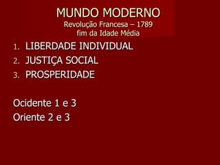 MUNDO MODERNO Revolução Francesa – 1789 fim da Idade Média LIBERDADE INDIVIDUAL JUSTIÇA SOCIAL PROSPERIDADE Ocidente 1 e 3 Oriente 2 e 3 
