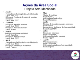 Maio Oficina de biojóias Local: Crato Oficina Desafiando o lixo Local: Maracanaú Junho Técnicas de bordados manuais em roupas Local: Sussuí Formação em facilitação do Arte-identidade Local: Sede INEC Julho Pintura em mini telas Local: Sede INEC Oficina de Bordados manuais Local: Tigipió Agosto Oficina de mosaico Local: Sede INEC Oficina de iniciação em Arte-identidade Local: Itapiúna Janeiro Formação em facilitação do Arte-identidade Local: Sede INEC Oficina de Confecção de capas de agendas artesanais Local: Sede INEC Fevereiro Oficina de bordados manuais Local: Sede INEC Oficina de Bordados manuais Local: Aracati Março Oficina de percussão ambiental Local: Agua Boa Oficina de Arte em cabaça Local: Sede INEC Abril Formação em facilitação do Arte-identidade Local: Sede INEC Oficina de composição de retalhos Local: Preaoca Ações da Área Social Projeto Arte-Identidade : 
