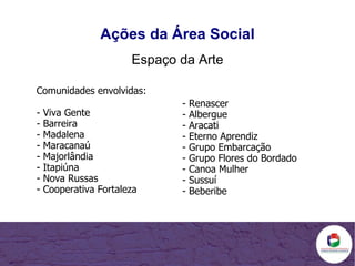 Ações da Área Social Espaço da Arte Comunidades envolvidas:  - Viva Gente - Barreira - Madalena - Maracanaú - Majorlândia - Itapiúna - Nova Russas - Cooperativa Fortaleza - Renascer - Albergue - Aracati - Eterno Aprendiz - Grupo Embarcação - Grupo Flores do Bordado - Canoa Mulher - Sussuí - Beberibe 