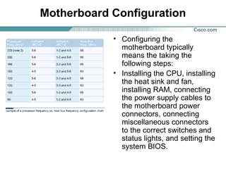 Motherboard Configuration
• Configuring the
motherboard typically
means the taking the
following steps:
• Installing the CPU, installing
the heat sink and fan,
installing RAM, connecting
the power supply cables to
the motherboard power
connectors, connecting
miscellaneous connectors
to the correct switches and
status lights, and setting the
system BIOS.
 
