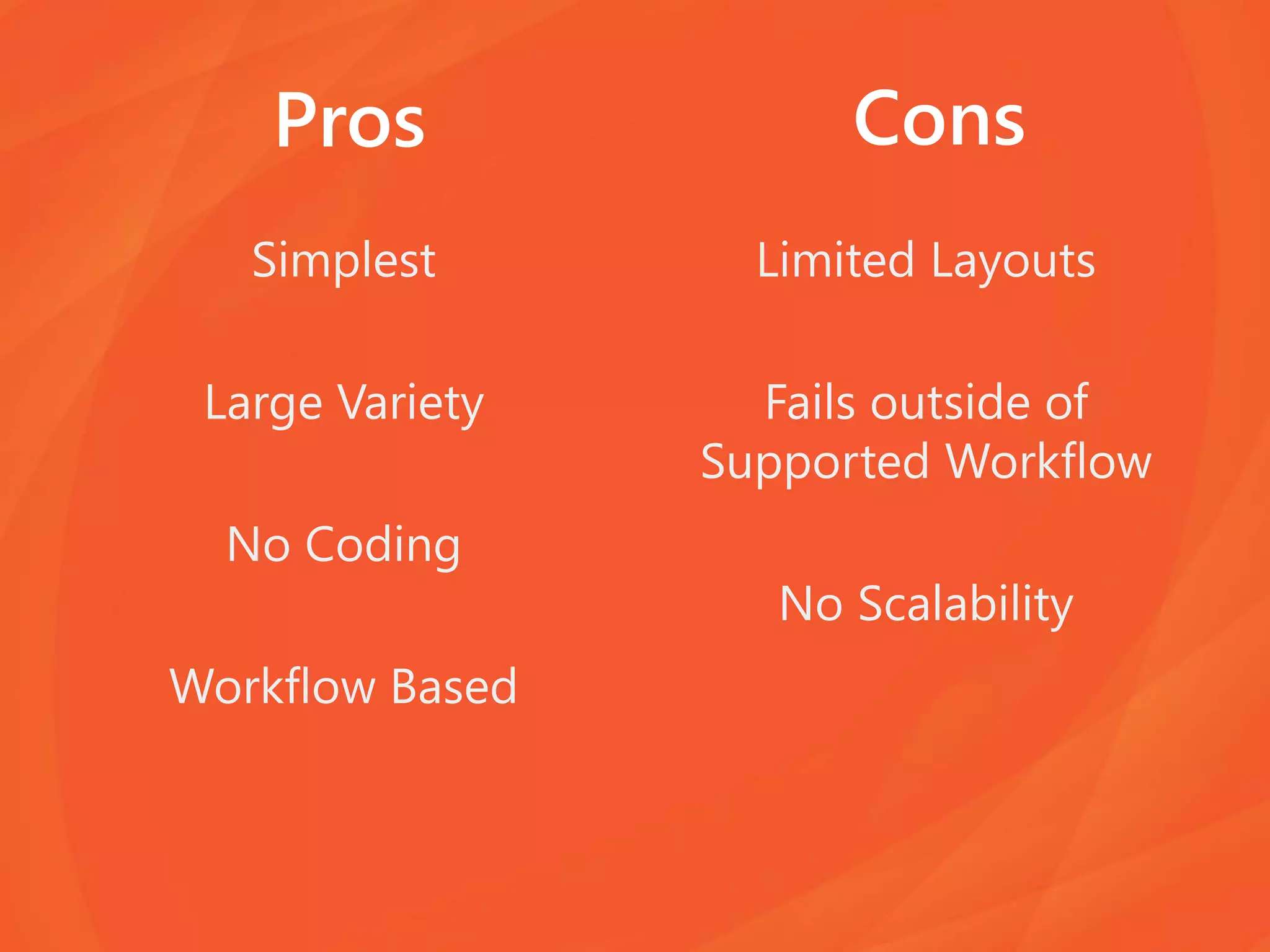 Pros
Simplest
Large Variety
No Coding
Workflow Based
Limited Layouts
Fails outside of
Supported Workflow
No Scalability
Cons