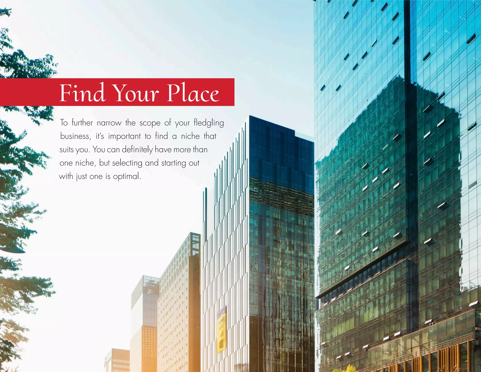 Find Your Place
To further narrow the scope of your fledgling
business, it’s important to find a niche that
suits you. You can definitely have more than
one niche, but selecting and starting out
with just one is optimal.
 