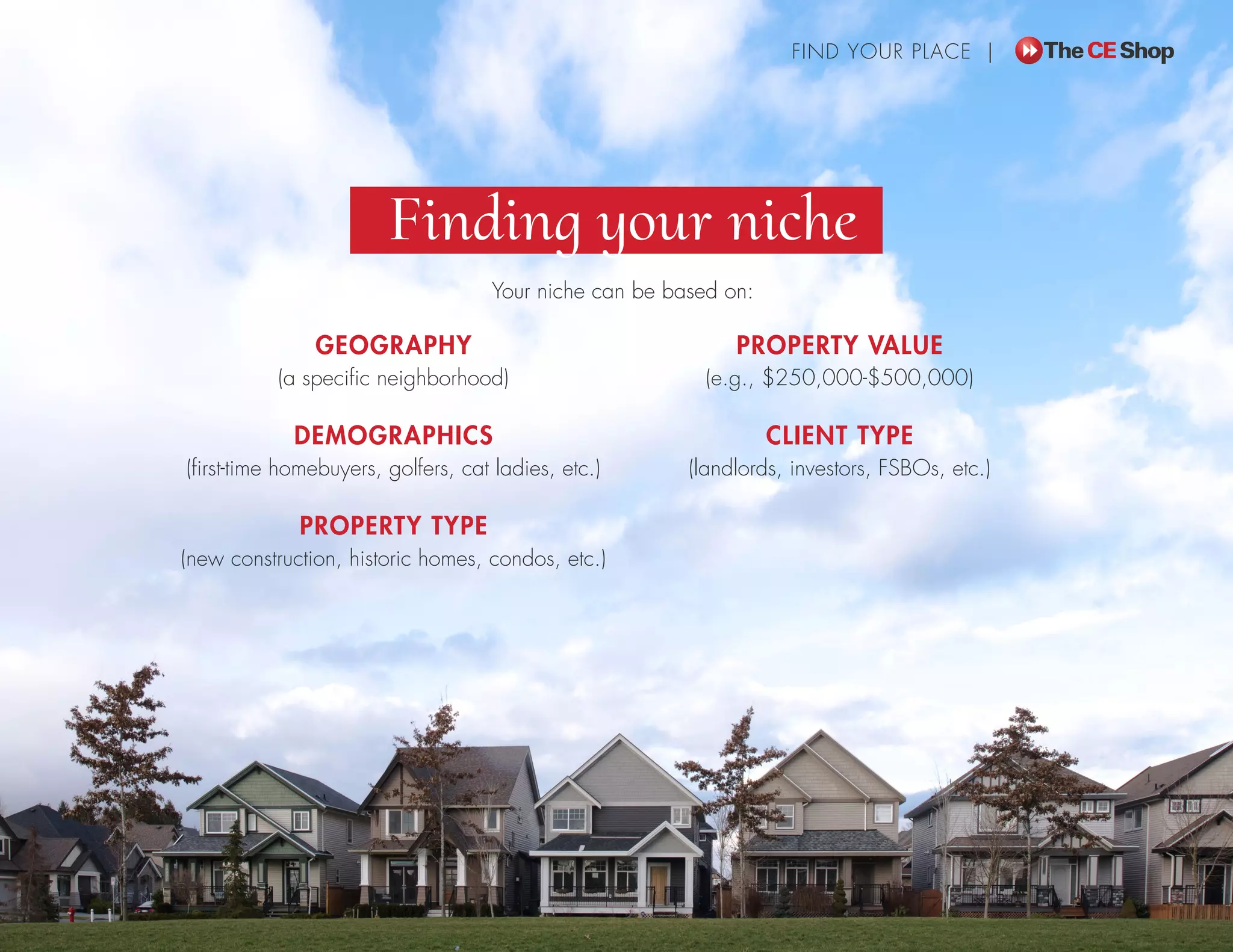 GEOGRAPHY
(a specific neighborhood)
DEMOGRAPHICS
(first-time homebuyers, golfers, cat ladies, etc.)
PROPERTY TYPE
(new construction, historic homes, condos, etc.)
PROPERTY VALUE
(e.g., $250,000-$500,000)
CLIENT TYPE
(landlords, investors, FSBOs, etc.)
FIND YOUR PLACE |
Finding your niche
Your niche can be based on:
 