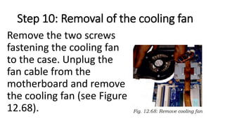Step 10: Removal of the cooling fan
Remove the two screws
fastening the cooling fan
to the case. Unplug the
fan cable from the
motherboard and remove
the cooling fan (see Figure
12.68).
 
