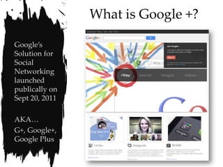 What is Google +?

Google’s
Solution for
Social
Networking
launched
publically on
Sept 20, 2011

AKA…
G+, Google+,
Google Plus
 
