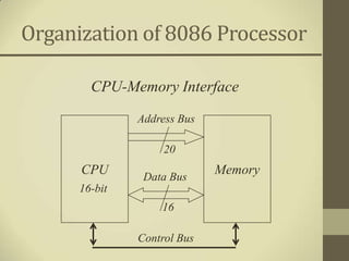 Organization of 8086 Processor

        CPU-Memory Interface

               Address Bus

                    20
      CPU       Data Bus
                             Memory
      16-bit
                   16

               Control Bus
 