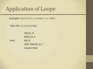 Application of Loope
• Example: Search for a number in a Table

  Table DB 1,2,3,4,5,6,7,8,9

                XOR SI, SI
                MOV CX, 9
  Next:         INC SI
                CMP Table[SI-1], 7
                Loopne Next
 