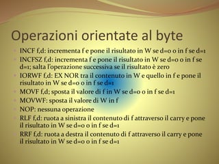 Operazioni orientate al byte
 INCF f,d: incrementa f e pone il risultato in W se d=0 o in f se d=1
 INCFSZ f,d: incrementa f e pone il risultato in W se d=0 o in f se
d=1; salta l’operazione successiva se il risultato è zero
 IORWF f,d: EX NOR tra il contenuto in W e quello in f e pone il
risultato in W se d=0 o in f se d=1
 MOVF f,d; sposta il valore di f in W se d=0 o in f se d=1
 MOVWF: sposta il valore di W in f
 NOP: nessuna operazione
 RLF f,d: ruota a sinistra il contenuto di f attraverso il carry e pone
il risultato in W se d=0 o in f se d=1
 RRF f,d: ruota a destra il contenuto di f attraverso il carry e pone
il risultato in W se d=0 o in f se d=1
 