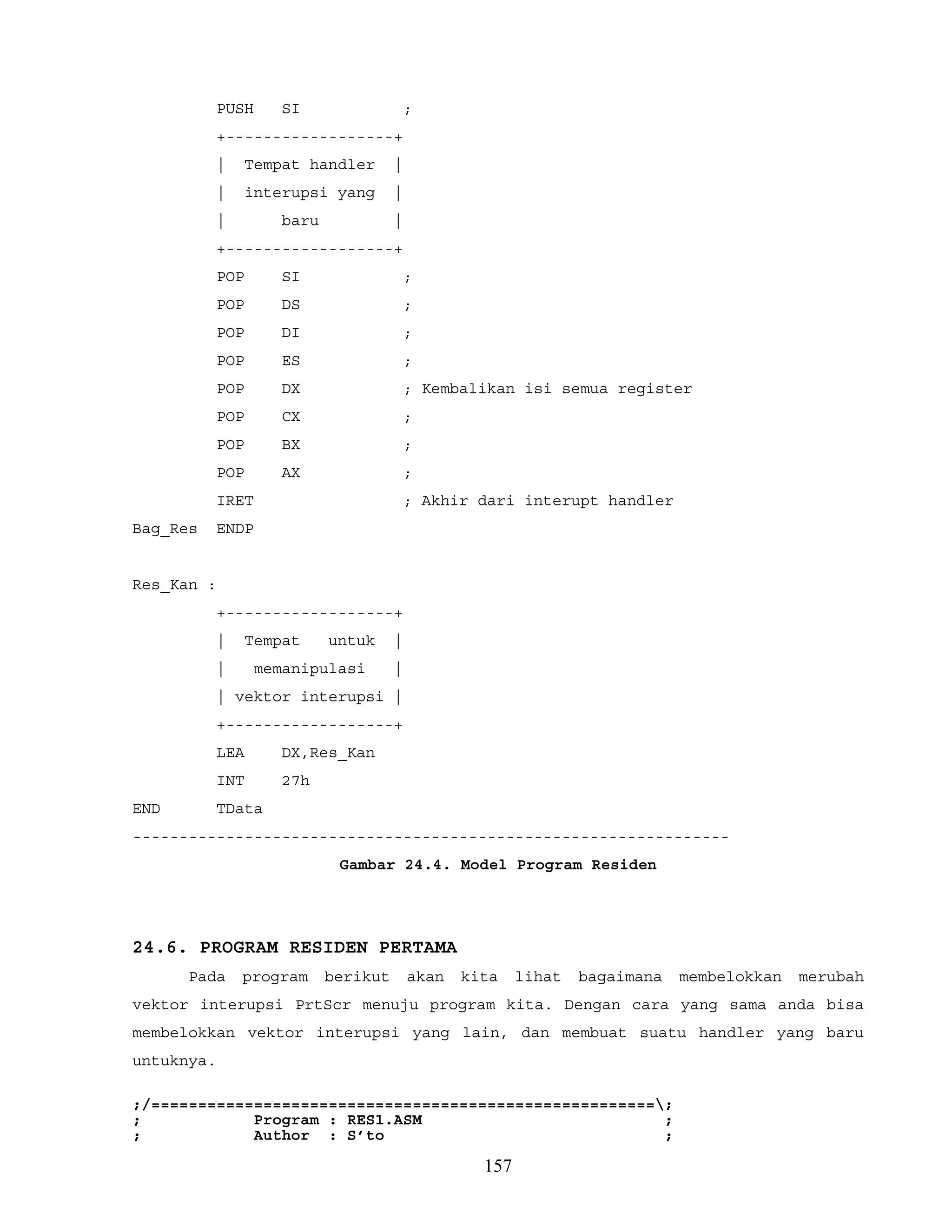 PUSH SI ;
+------------------+
| Tempat handler |
| interupsi yang |
| baru |
+------------------+
POP SI ;
POP DS ;
POP DI ;
POP ES ;
POP DX ; Kembalikan isi semua register
POP CX ;
POP BX ;
POP AX ;
IRET ; Akhir dari interupt handler
Bag_Res ENDP
Res_Kan :
+------------------+
| Tempat untuk |
| memanipulasi |
| vektor interupsi |
+------------------+
LEA DX,Res_Kan
INT 27h
END TData
----------------------------------------------------------------
Gambar 24.4. Model Program Residen
24.6. PROGRAM RESIDEN PERTAMA
Pada program berikut akan kita lihat bagaimana membelokkan merubah
vektor interupsi PrtScr menuju program kita. Dengan cara yang sama anda bisa
membelokkan vektor interupsi yang lain, dan membuat suatu handler yang baru
untuknya.
;/======================================================;
; Program : RES1.ASM ;
; Author : S’to ;
157
 
