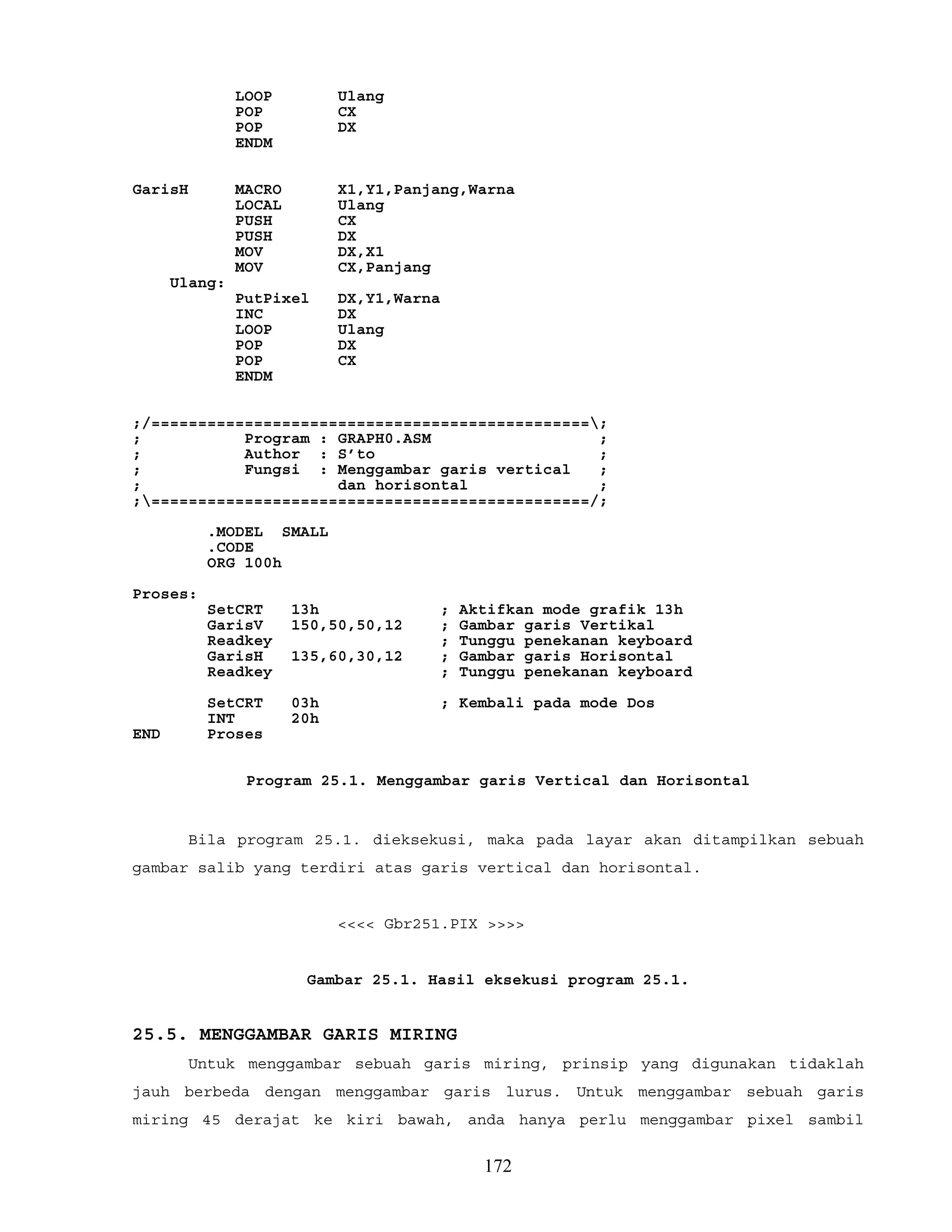 LOOP Ulang
POP CX
POP DX
ENDM
GarisH MACRO X1,Y1,Panjang,Warna
LOCAL Ulang
PUSH CX
PUSH DX
MOV DX,X1
MOV CX,Panjang
Ulang:
PutPixel DX,Y1,Warna
INC DX
LOOP Ulang
POP DX
POP CX
ENDM
;/===============================================;
; Program : GRAPH0.ASM ;
; Author : S’to ;
; Fungsi : Menggambar garis vertical ;
; dan horisontal ;
;===============================================/;
.MODEL SMALL
.CODE
ORG 100h
Proses:
SetCRT 13h ; Aktifkan mode grafik 13h
GarisV 150,50,50,12 ; Gambar garis Vertikal
Readkey ; Tunggu penekanan keyboard
GarisH 135,60,30,12 ; Gambar garis Horisontal
Readkey ; Tunggu penekanan keyboard
SetCRT 03h ; Kembali pada mode Dos
INT 20h
END Proses
Program 25.1. Menggambar garis Vertical dan Horisontal
Bila program 25.1. dieksekusi, maka pada layar akan ditampilkan sebuah
gambar salib yang terdiri atas garis vertical dan horisontal.
<<<< Gbr251.PIX >>>>
Gambar 25.1. Hasil eksekusi program 25.1.
25.5. MENGGAMBAR GARIS MIRING
Untuk menggambar sebuah garis miring, prinsip yang digunakan tidaklah
jauh berbeda dengan menggambar garis lurus. Untuk menggambar sebuah garis
miring 45 derajat ke kiri bawah, anda hanya perlu menggambar pixel sambil
172
 