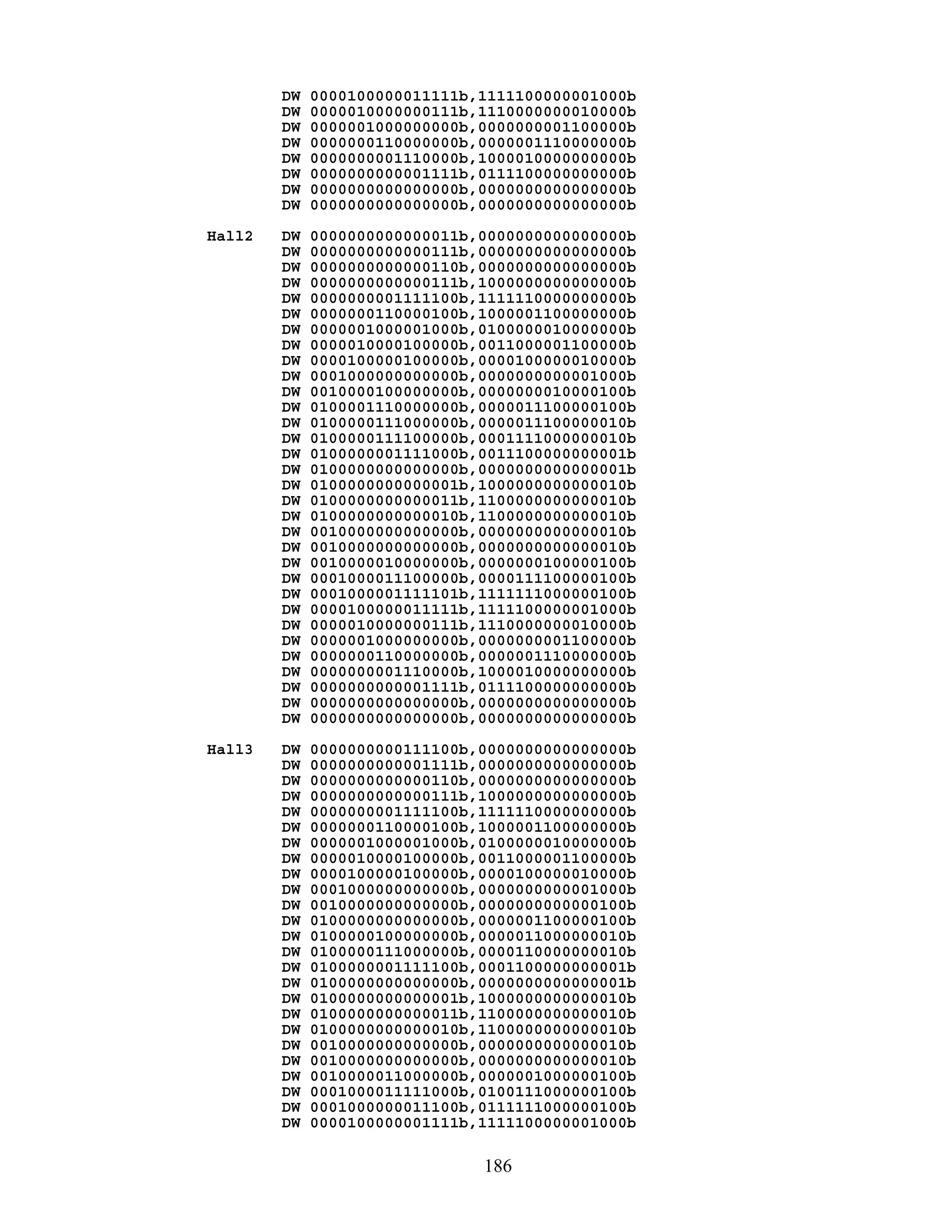 DW 0000100000011111b,1111100000001000b
DW 0000010000000111b,1110000000010000b
DW 0000001000000000b,0000000001100000b
DW 0000000110000000b,0000001110000000b
DW 0000000001110000b,1000010000000000b
DW 0000000000001111b,0111100000000000b
DW 0000000000000000b,0000000000000000b
DW 0000000000000000b,0000000000000000b
Hall2 DW 0000000000000011b,0000000000000000b
DW 0000000000000111b,0000000000000000b
DW 0000000000000110b,0000000000000000b
DW 0000000000000111b,1000000000000000b
DW 0000000001111100b,1111110000000000b
DW 0000000110000100b,1000001100000000b
DW 0000001000001000b,0100000010000000b
DW 0000010000100000b,0011000001100000b
DW 0000100000100000b,0000100000010000b
DW 0001000000000000b,0000000000001000b
DW 0010000100000000b,0000000010000100b
DW 0100001110000000b,0000011100000100b
DW 0100000111000000b,0000011100000010b
DW 0100000111100000b,0001111000000010b
DW 0100000001111000b,0011100000000001b
DW 0100000000000000b,0000000000000001b
DW 0100000000000001b,1000000000000010b
DW 0100000000000011b,1100000000000010b
DW 0100000000000010b,1100000000000010b
DW 0010000000000000b,0000000000000010b
DW 0010000000000000b,0000000000000010b
DW 0010000010000000b,0000000100000100b
DW 0001000011100000b,0000111100000100b
DW 0001000001111101b,1111111000000100b
DW 0000100000011111b,1111100000001000b
DW 0000010000000111b,1110000000010000b
DW 0000001000000000b,0000000001100000b
DW 0000000110000000b,0000001110000000b
DW 0000000001110000b,1000010000000000b
DW 0000000000001111b,0111100000000000b
DW 0000000000000000b,0000000000000000b
DW 0000000000000000b,0000000000000000b
Hall3 DW 0000000000111100b,0000000000000000b
DW 0000000000001111b,0000000000000000b
DW 0000000000000110b,0000000000000000b
DW 0000000000000111b,1000000000000000b
DW 0000000001111100b,1111110000000000b
DW 0000000110000100b,1000001100000000b
DW 0000001000001000b,0100000010000000b
DW 0000010000100000b,0011000001100000b
DW 0000100000100000b,0000100000010000b
DW 0001000000000000b,0000000000001000b
DW 0010000000000000b,0000000000000100b
DW 0100000000000000b,0000001100000100b
DW 0100000100000000b,0000011000000010b
DW 0100000111000000b,0000110000000010b
DW 0100000001111100b,0001100000000001b
DW 0100000000000000b,0000000000000001b
DW 0100000000000001b,1000000000000010b
DW 0100000000000011b,1100000000000010b
DW 0100000000000010b,1100000000000010b
DW 0010000000000000b,0000000000000010b
DW 0010000000000000b,0000000000000010b
DW 0010000011000000b,0000001000000100b
DW 0001000011111000b,0100111000000100b
DW 0001000000011100b,0111111000000100b
DW 0000100000001111b,1111100000001000b
186
 
