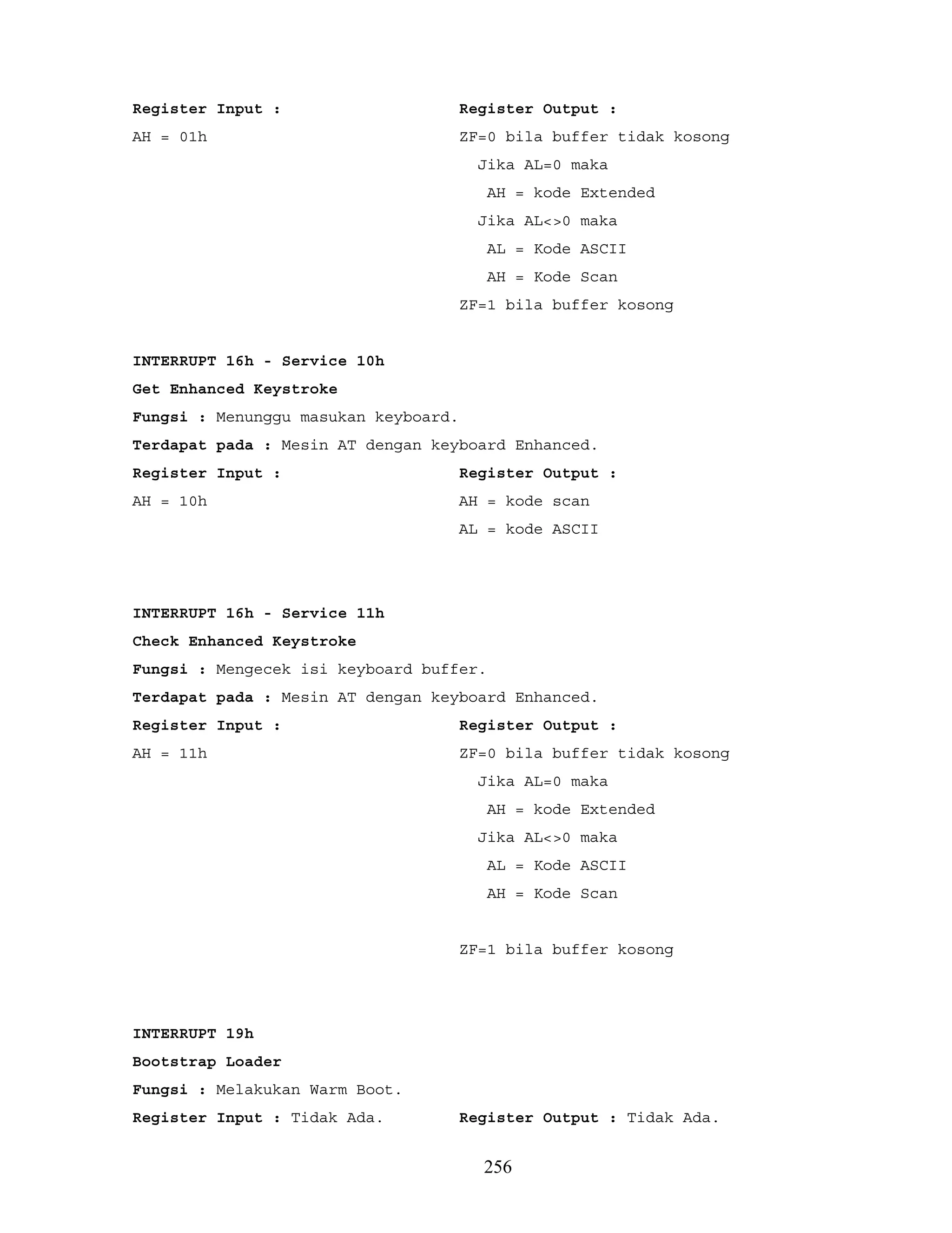 Register Input : Register Output :
AH = 01h ZF=0 bila buffer tidak kosong
Jika AL=0 maka
AH = kode Extended
Jika AL<>0 maka
AL = Kode ASCII
AH = Kode Scan
ZF=1 bila buffer kosong
INTERRUPT 16h - Service 10h
Get Enhanced Keystroke
Fungsi : Menunggu masukan keyboard.
Terdapat pada : Mesin AT dengan keyboard Enhanced.
Register Input : Register Output :
AH = 10h AH = kode scan
AL = kode ASCII
INTERRUPT 16h - Service 11h
Check Enhanced Keystroke
Fungsi : Mengecek isi keyboard buffer.
Terdapat pada : Mesin AT dengan keyboard Enhanced.
Register Input : Register Output :
AH = 11h ZF=0 bila buffer tidak kosong
Jika AL=0 maka
AH = kode Extended
Jika AL<>0 maka
AL = Kode ASCII
AH = Kode Scan
ZF=1 bila buffer kosong
INTERRUPT 19h
Bootstrap Loader
Fungsi : Melakukan Warm Boot.
Register Input : Tidak Ada. Register Output : Tidak Ada.
256
 