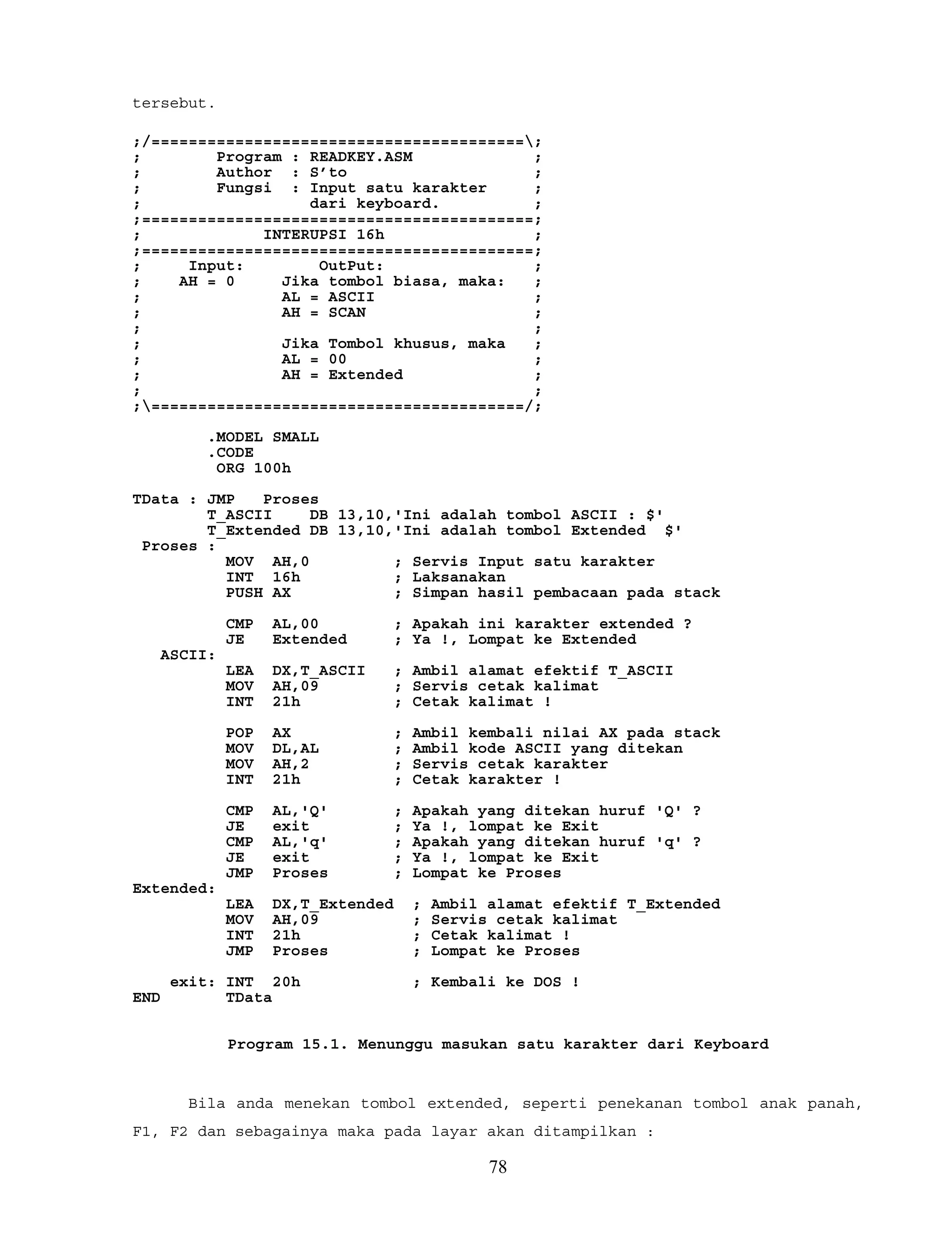 tersebut.
;/========================================;
; Program : READKEY.ASM ;
; Author : S’to ;
; Fungsi : Input satu karakter ;
; dari keyboard. ;
;==========================================;
; INTERUPSI 16h ;
;==========================================;
; Input: OutPut: ;
; AH = 0 Jika tombol biasa, maka: ;
; AL = ASCII ;
; AH = SCAN ;
; ;
; Jika Tombol khusus, maka ;
; AL = 00 ;
; AH = Extended ;
; ;
;========================================/;
.MODEL SMALL
.CODE
ORG 100h
TData : JMP Proses
T_ASCII DB 13,10,'Ini adalah tombol ASCII : $'
T_Extended DB 13,10,'Ini adalah tombol Extended $'
Proses :
MOV AH,0 ; Servis Input satu karakter
INT 16h ; Laksanakan
PUSH AX ; Simpan hasil pembacaan pada stack
CMP AL,00 ; Apakah ini karakter extended ?
JE Extended ; Ya !, Lompat ke Extended
ASCII:
LEA DX,T_ASCII ; Ambil alamat efektif T_ASCII
MOV AH,09 ; Servis cetak kalimat
INT 21h ; Cetak kalimat !
POP AX ; Ambil kembali nilai AX pada stack
MOV DL,AL ; Ambil kode ASCII yang ditekan
MOV AH,2 ; Servis cetak karakter
INT 21h ; Cetak karakter !
CMP AL,'Q' ; Apakah yang ditekan huruf 'Q' ?
JE exit ; Ya !, lompat ke Exit
CMP AL,'q' ; Apakah yang ditekan huruf 'q' ?
JE exit ; Ya !, lompat ke Exit
JMP Proses ; Lompat ke Proses
Extended:
LEA DX,T_Extended ; Ambil alamat efektif T_Extended
MOV AH,09 ; Servis cetak kalimat
INT 21h ; Cetak kalimat !
JMP Proses ; Lompat ke Proses
exit: INT 20h ; Kembali ke DOS !
END TData
Program 15.1. Menunggu masukan satu karakter dari Keyboard
Bila anda menekan tombol extended, seperti penekanan tombol anak panah,
F1, F2 dan sebagainya maka pada layar akan ditampilkan :
78
 