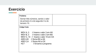 Exercício
Somar três números, sendo o valor
do primeiro 2 e do segundo 3 e do
terceiro 10.
MOV A, 3 // Insere o valor 3 em AX
MOV B, 2 // Insere o valor 2 em BX
MOV C, 10 // Insere o valor 10 em CX
ADD A,B // Soma BX a AX
ADD C,A // Soma AX a CX
HLT // Encerra o programa
 