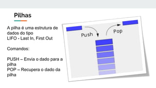 Pilhas
A pilha é uma estrutura de
dados do tipo
LIFO - Last In, First Out
Comandos:
PUSH – Envia o dado para a
pilha
POP – Recupera o dado da
pilha
 