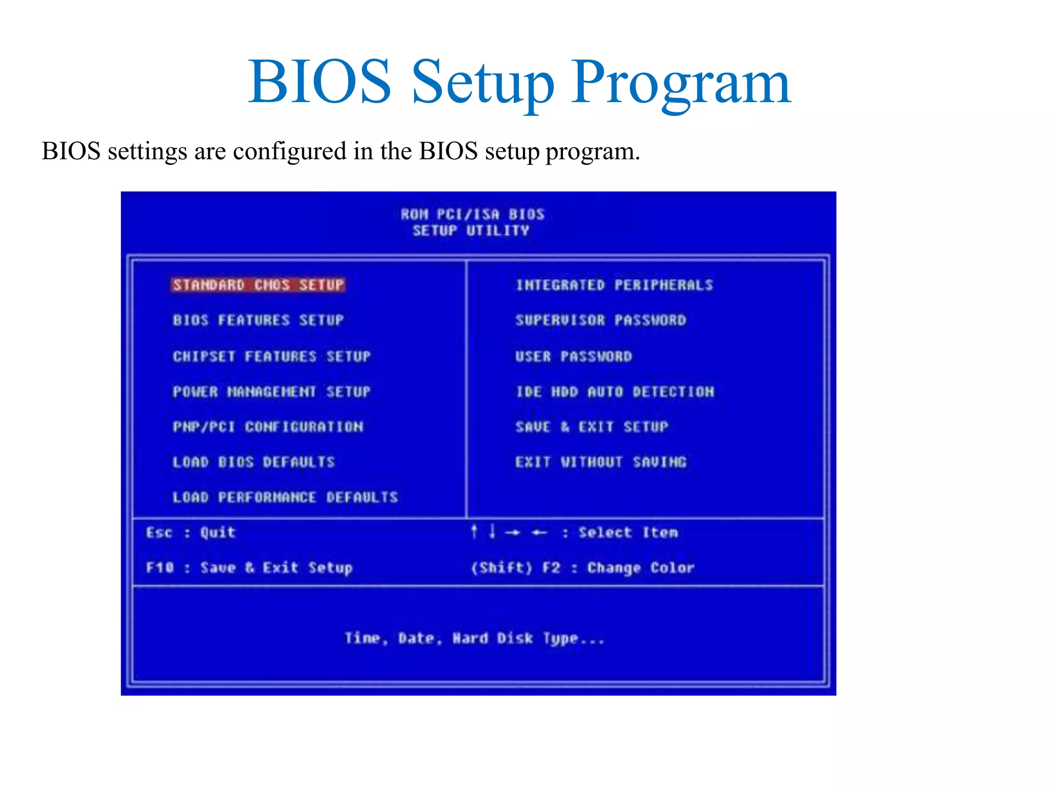 BIOS Setup Program
BIOS settings are configured in the BIOS setup program.
 