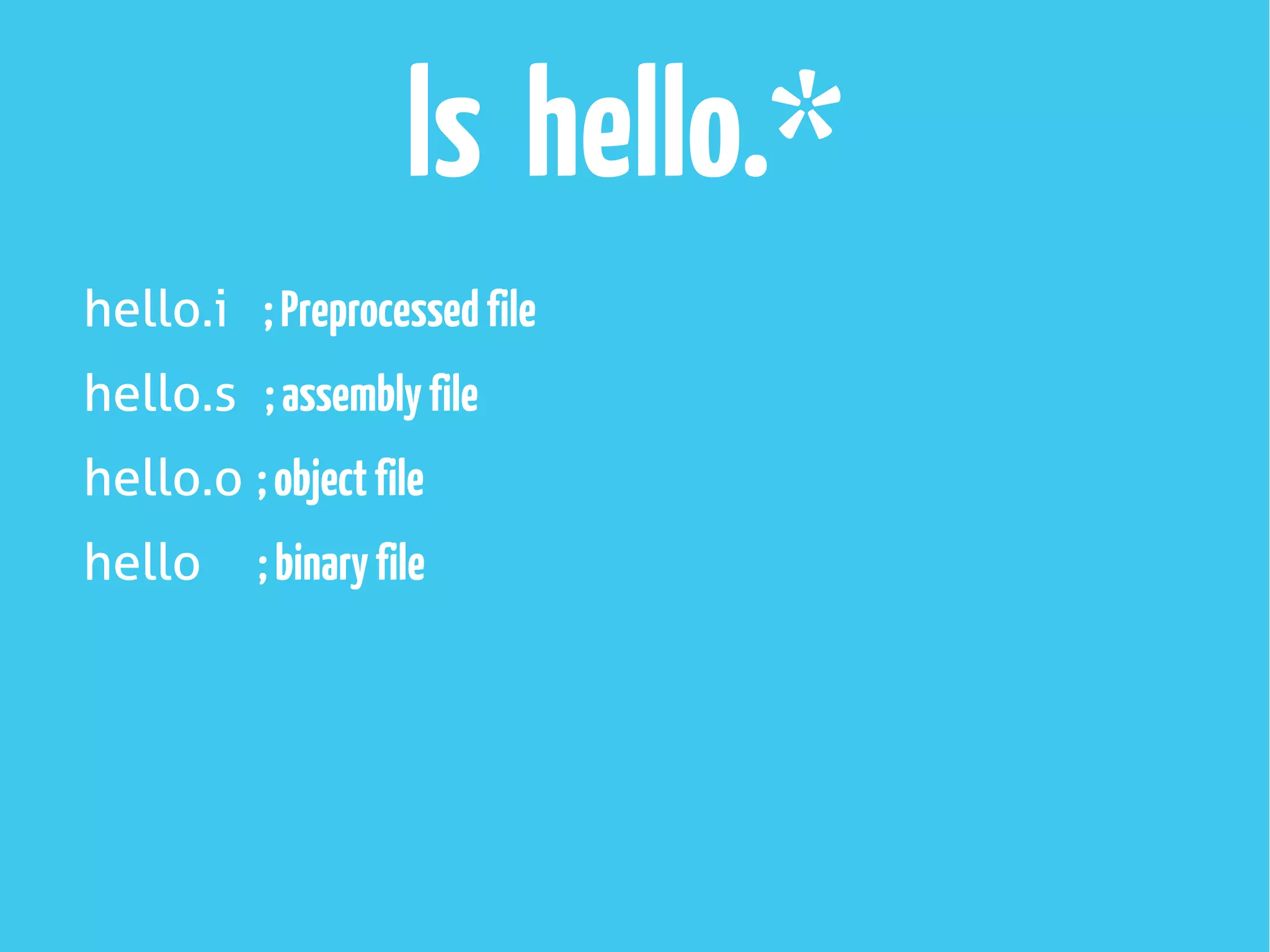 ls hello.*
hello.i ;Preprocessedfile
hello.s ;assemblyfile
hello.o ;objectfile
hello ;binaryfile
 