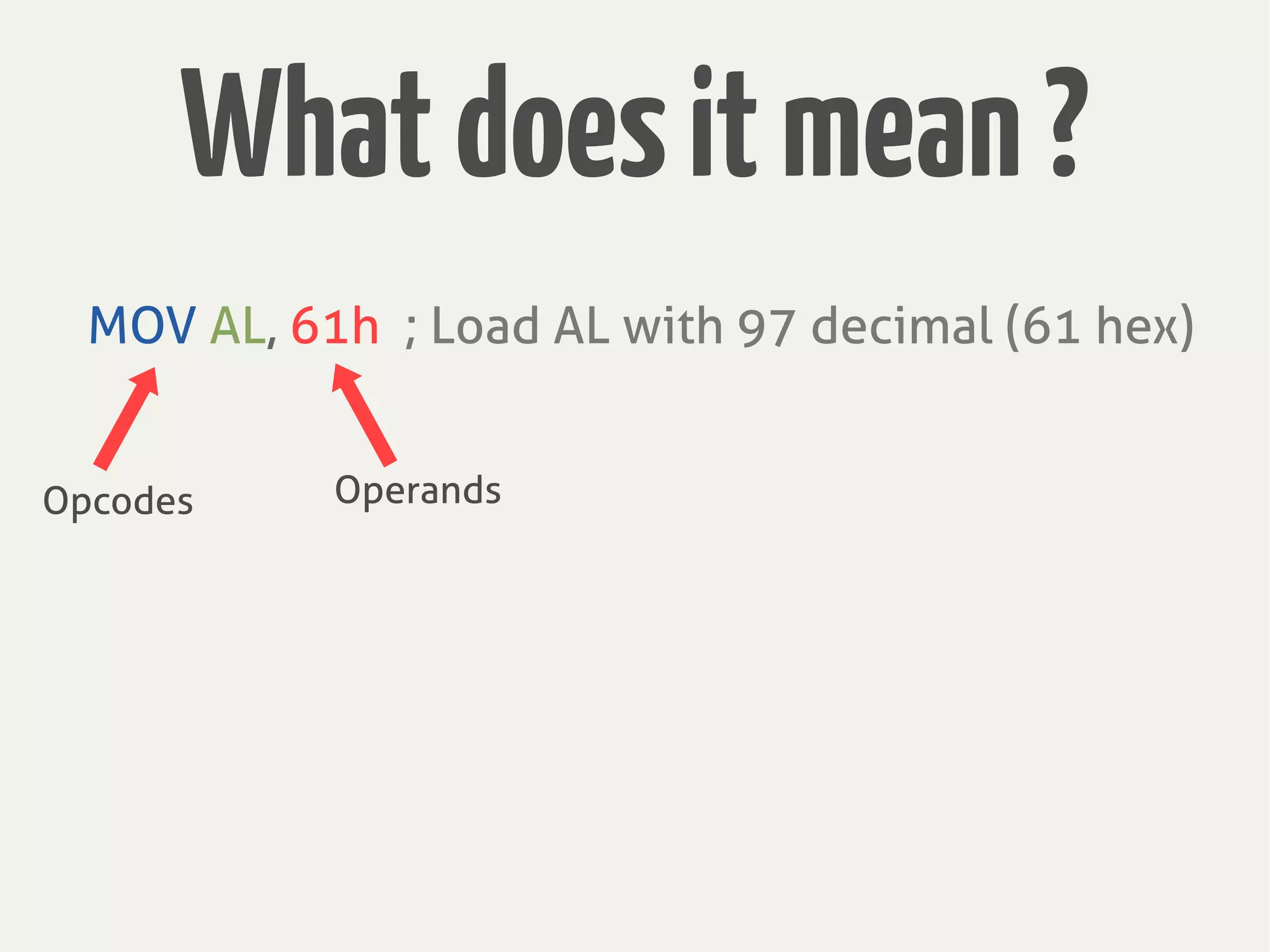 MOV AL, 61h ; Load AL with 97 decimal (61 hex)
Whatdoesitmean?
Opcodes Operands
 