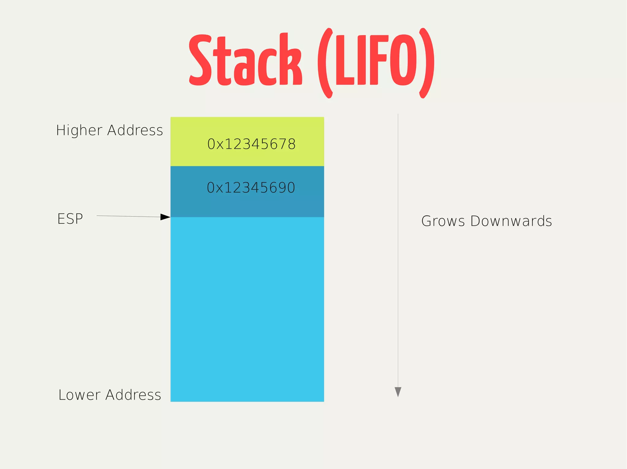 Stack(LIFO)
Lower Address
Higher Address
Grows DownwardsESP
0x12345678
0x12345690
 