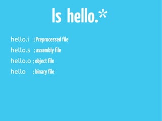 ls hello.*
hello.i ;Preprocessedfile
hello.s ;assemblyfile
hello.o ;objectfile
hello ;binaryfile
 