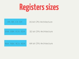 Registerssizes
AX, BX, CX, DX 16 bit CPU Architecture
32 bit CPU ArchitectureEAX, EBX, ECX, EDX
RAX, RBX, RCX, RDX 64 bit CPU Architecture
 