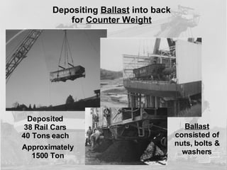 Depositing  Ballast  into back for  Counter Weight Deposited 38 Rail Cars 40 Tons each Approximately 1500 Ton Ballast  consisted of nuts, bolts & washers 