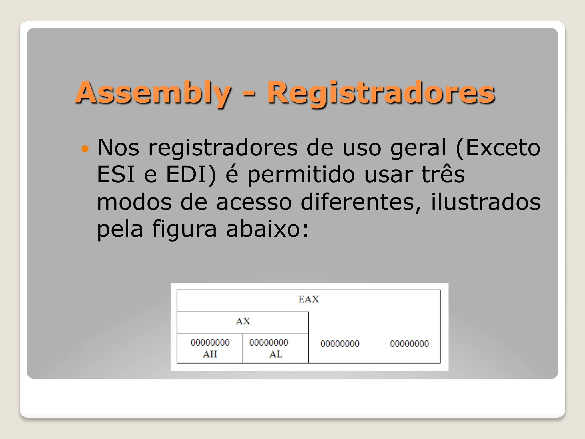 Assembly - Registradores
— Nos registradores de uso geral (Exceto
ESI e EDI) é permitido usar três
modos de acesso diferentes, ilustrados
pela figura abaixo:
 