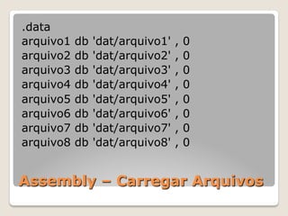 Assembly – Carregar Arquivos
.data
arquivo1 db 'dat/arquivo1' , 0
arquivo2 db 'dat/arquivo2' , 0
arquivo3 db 'dat/arquivo3' , 0
arquivo4 db 'dat/arquivo4' , 0
arquivo5 db 'dat/arquivo5' , 0
arquivo6 db 'dat/arquivo6' , 0
arquivo7 db 'dat/arquivo7' , 0
arquivo8 db 'dat/arquivo8' , 0
 