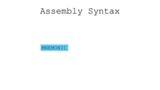 Assembly Syntax
[label] MNEMONIC [OPERANDS] [;comment]
 