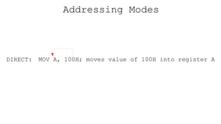 Addressing Modes
DIRECT: MOV A, 100H; moves value of 100H into register A
 