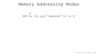 Memory Addressing Modes
The Art of Electronics p.994
MOV B, 10; put “address” 10 in B
 