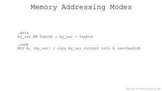 Memory Addressing Modes
The Art of Electronics p.994
.data
my_var DW 0abcdh ; my_var = 0xabcd
.code
MOV A, [my_var] ; copy my_var content into A (ax=0xabcd)
 
