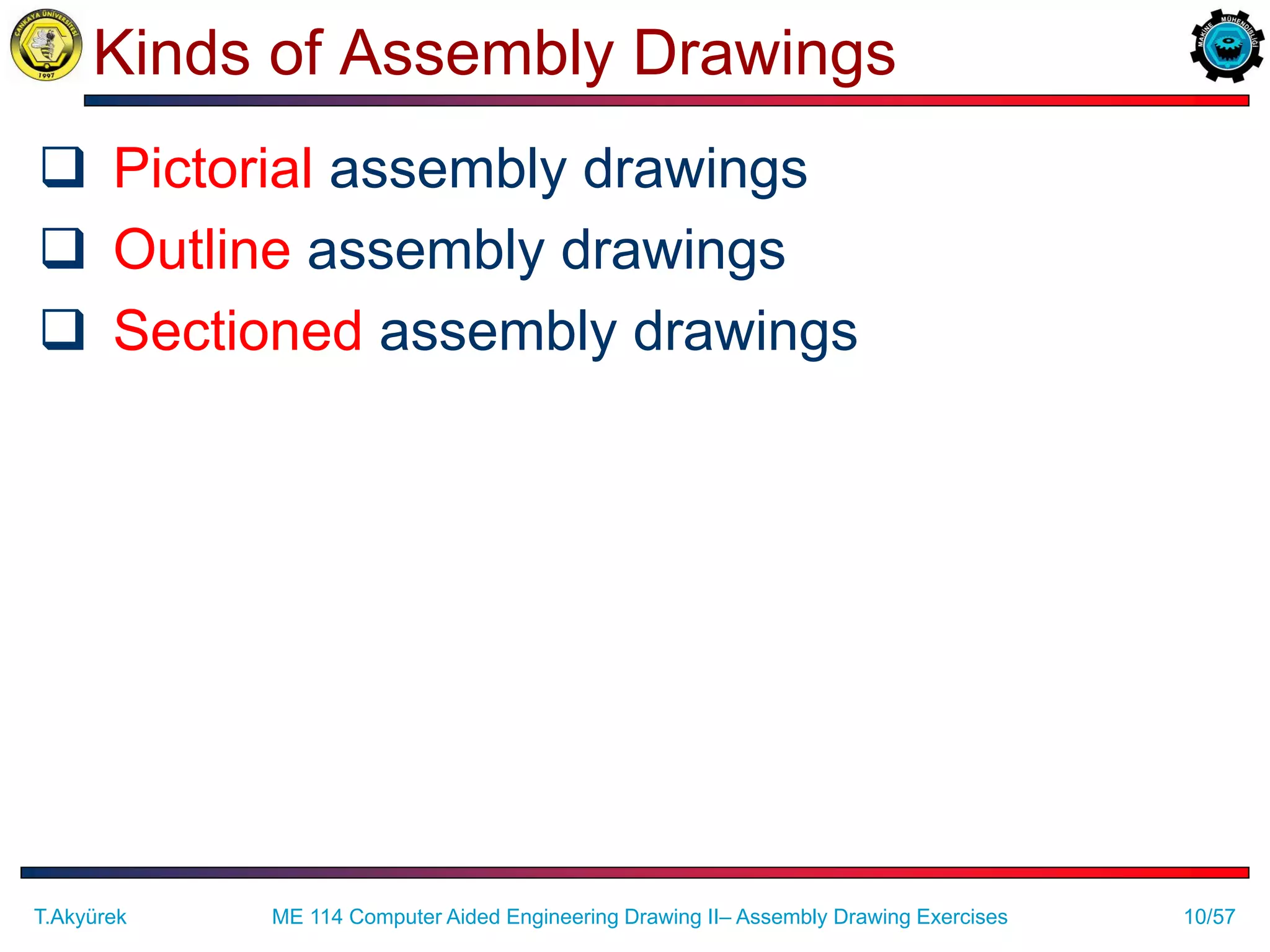 10/57
Kinds of Assembly Drawings
 Pictorial assembly drawings
 Outline assembly drawings
 Sectioned assembly drawings
T.Akyürek ME 114 Computer Aided Engineering Drawing II– Assembly Drawing Exercises
 