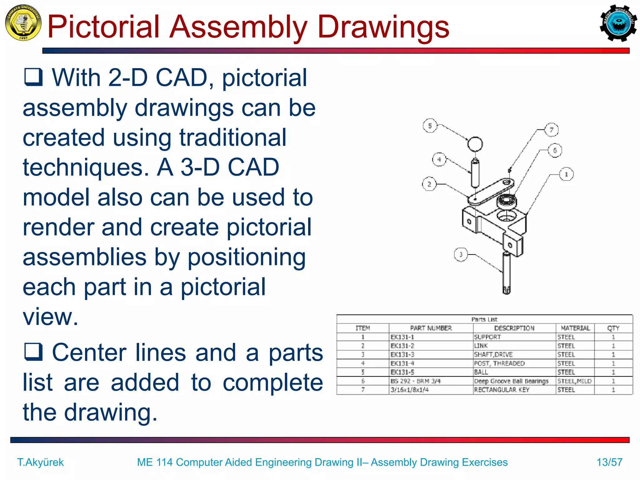 13/57
Pictorial Assembly Drawings
 With 2-D CAD, pictorial
assembly drawings can be
created using traditional
techniques. A 3-D CAD
model also can be used to
render and create pictorial
assemblies by positioning
each part in a pictorial
view.
 Center lines and a parts
list are added to complete
the drawing.
T.Akyürek ME 114 Computer Aided Engineering Drawing II– Assembly Drawing Exercises
 