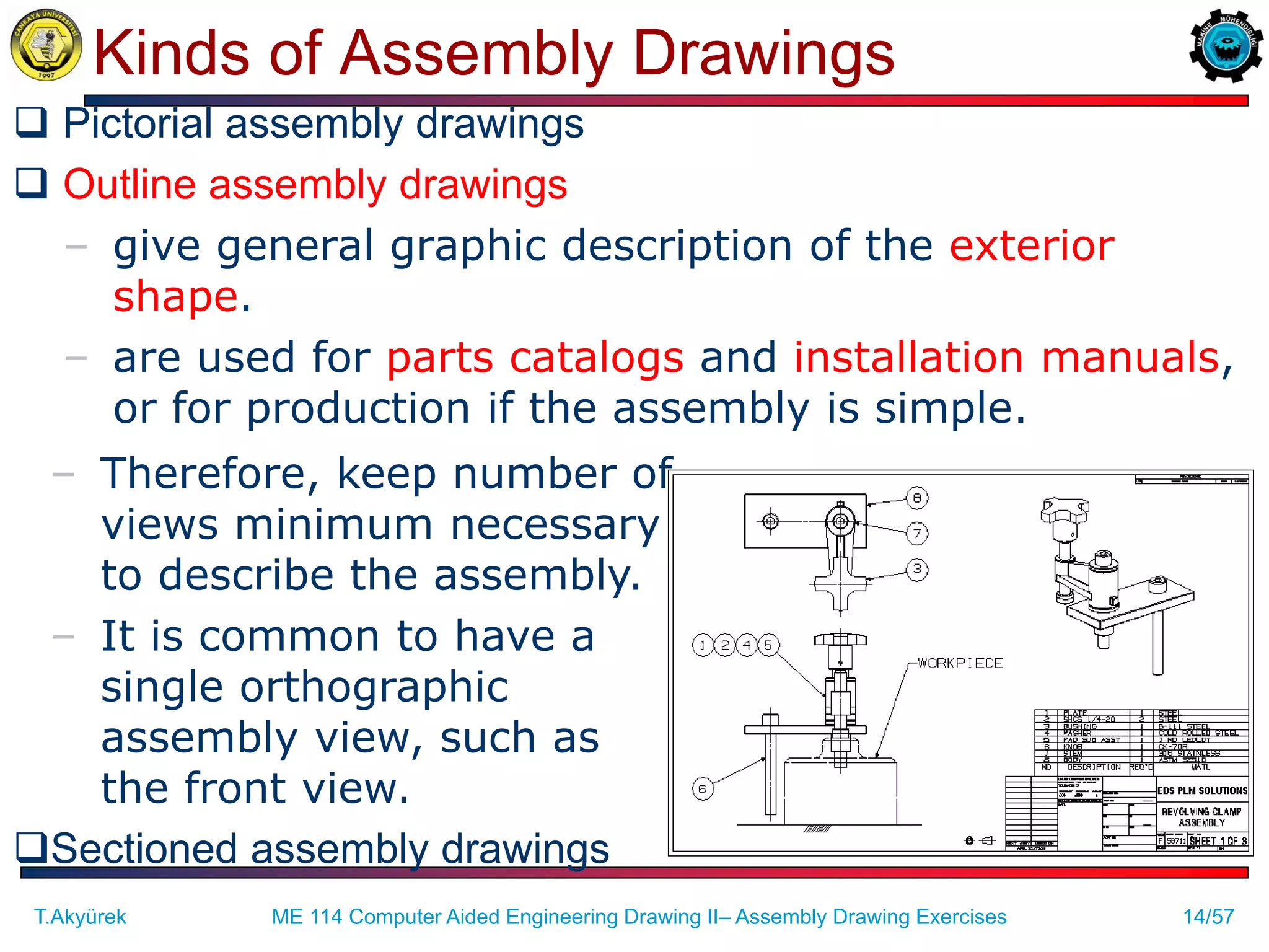 14/57
Kinds of Assembly Drawings
 Pictorial assembly drawings
 Outline assembly drawings
– give general graphic description of the exterior
shape.
– are used for parts catalogs and installation manuals,
or for production if the assembly is simple.
T.Akyürek ME 114 Computer Aided Engineering Drawing II– Assembly Drawing Exercises
– Therefore, keep number of
views minimum necessary
to describe the assembly.
– It is common to have a
single orthographic
assembly view, such as
the front view.
Sectioned assembly drawings
 