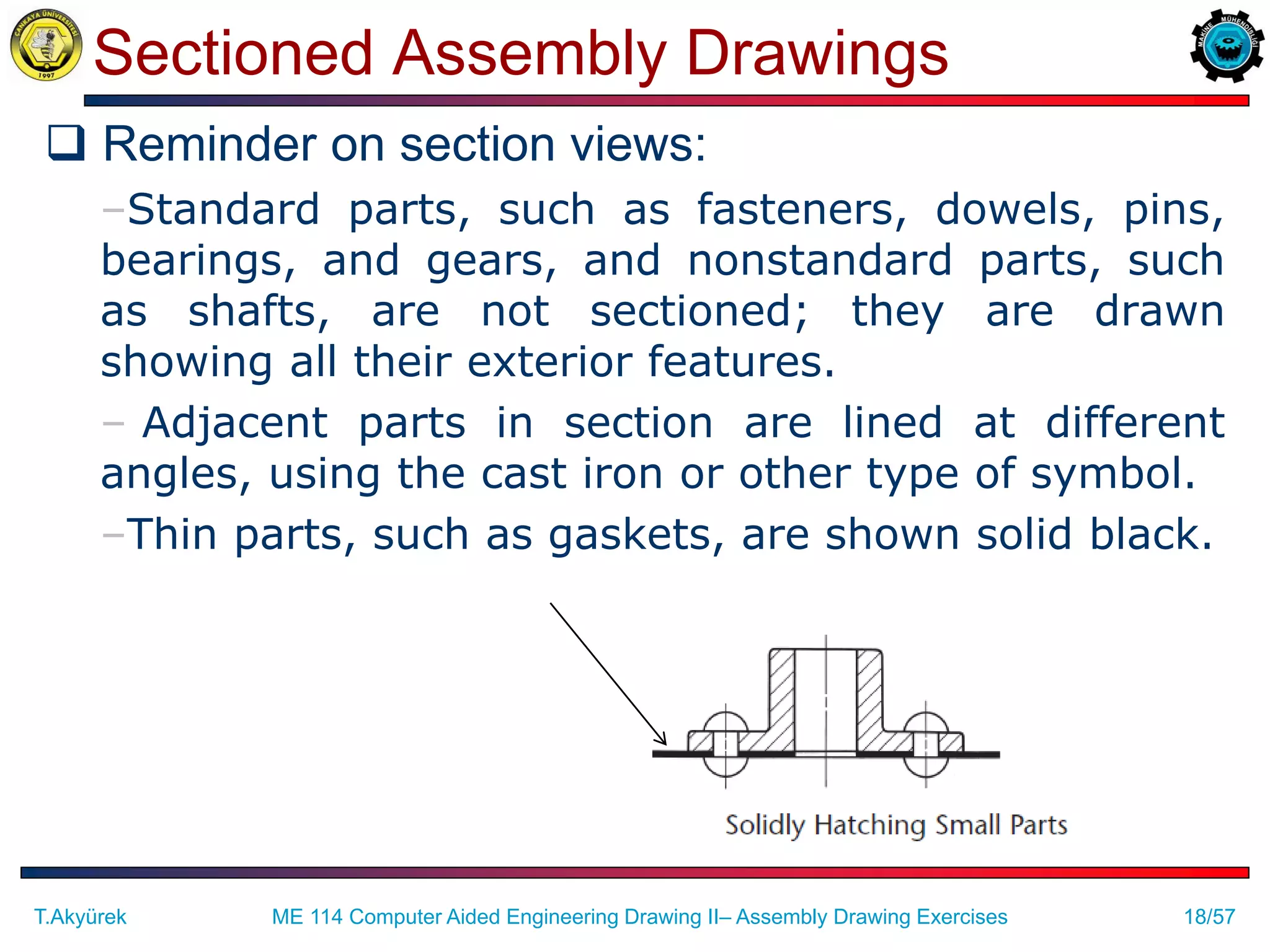 18/57
Sectioned Assembly Drawings
 Reminder on section views:
–Standard parts, such as fasteners, dowels, pins,
bearings, and gears, and nonstandard parts, such
as shafts, are not sectioned; they are drawn
showing all their exterior features.
– Adjacent parts in section are lined at different
angles, using the cast iron or other type of symbol.
–Thin parts, such as gaskets, are shown solid black.
T.Akyürek ME 114 Computer Aided Engineering Drawing II– Assembly Drawing Exercises
 