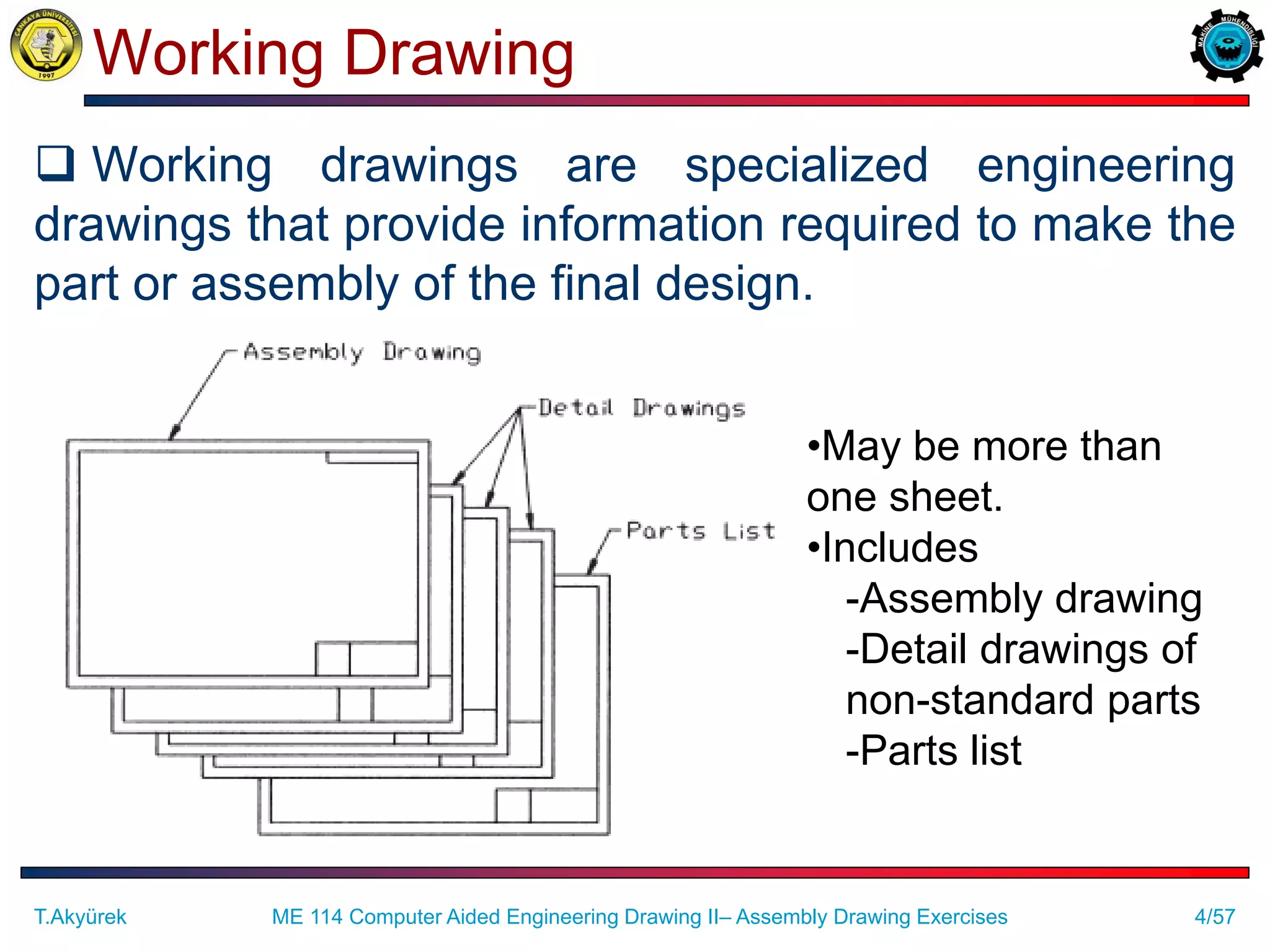 4/57
Working Drawing
 Working drawings are specialized engineering
drawings that provide information required to make the
part or assembly of the final design.
•May be more than
one sheet.
•Includes
-Assembly drawing
-Detail drawings of
non-standard parts
-Parts list
T.Akyürek ME 114 Computer Aided Engineering Drawing II– Assembly Drawing Exercises
 