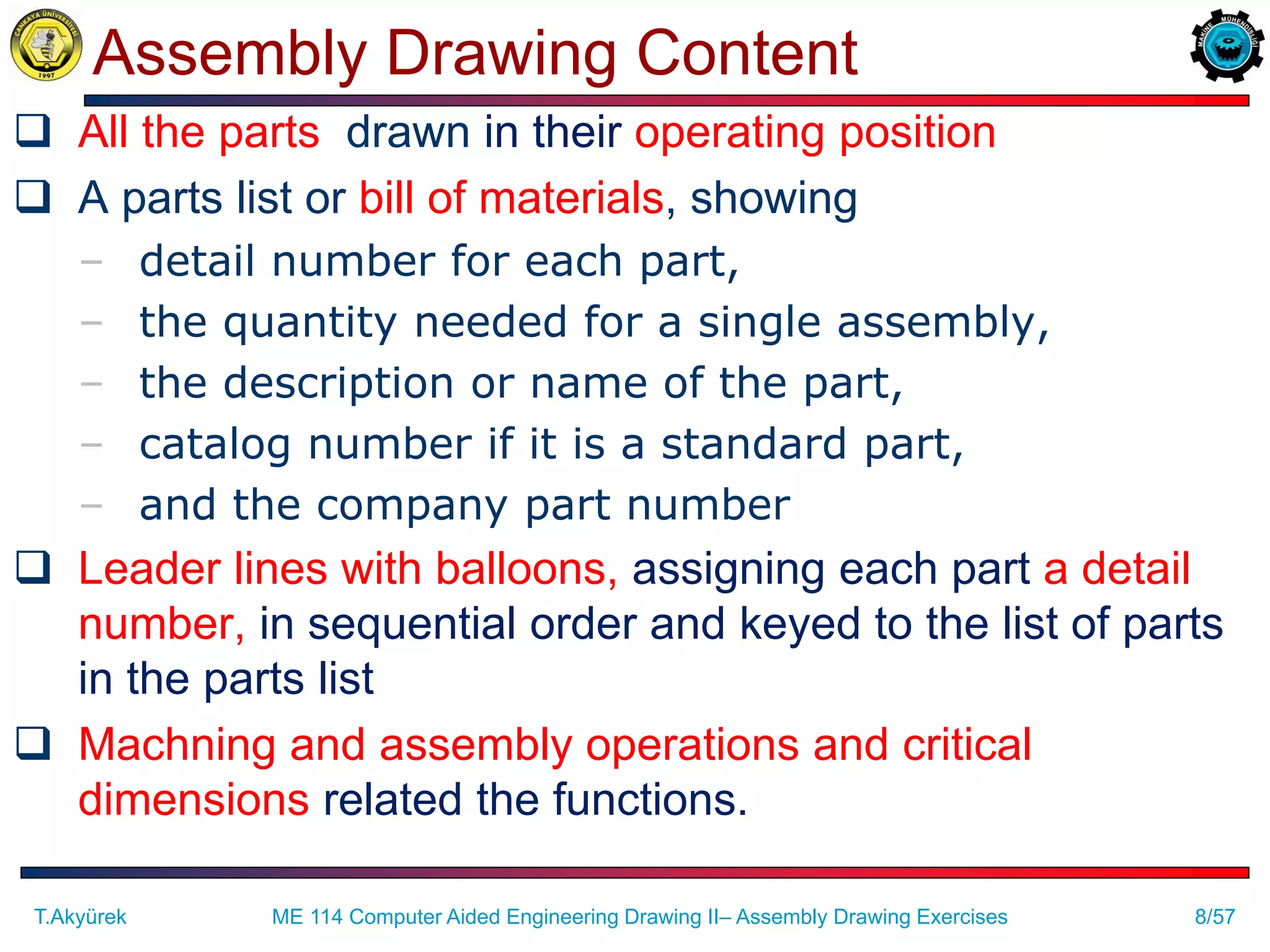 8/57
Assembly Drawing Content
 All the parts drawn in their operating position
 A parts list or bill of materials, showing
– detail number for each part,
– the quantity needed for a single assembly,
– the description or name of the part,
– catalog number if it is a standard part,
– and the company part number
 Leader lines with balloons, assigning each part a detail
number, in sequential order and keyed to the list of parts
in the parts list
 Machning and assembly operations and critical
dimensions related the functions.
T.Akyürek ME 114 Computer Aided Engineering Drawing II– Assembly Drawing Exercises
 