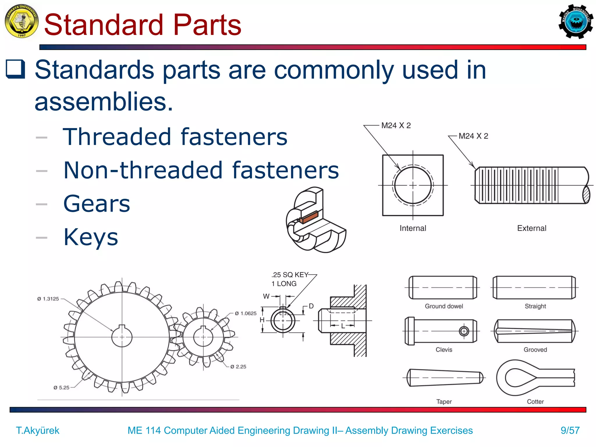 9/57
Standard Parts
 Standards parts are commonly used in
assemblies.
– Threaded fasteners
– Non-threaded fasteners
– Gears
– Keys
T.Akyürek ME 114 Computer Aided Engineering Drawing II– Assembly Drawing Exercises
 