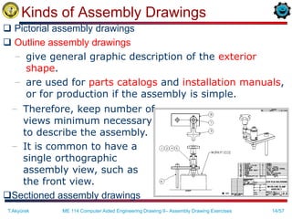 14/57
Kinds of Assembly Drawings
 Pictorial assembly drawings
 Outline assembly drawings
– give general graphic description of the exterior
shape.
– are used for parts catalogs and installation manuals,
or for production if the assembly is simple.
T.Akyürek ME 114 Computer Aided Engineering Drawing II– Assembly Drawing Exercises
– Therefore, keep number of
views minimum necessary
to describe the assembly.
– It is common to have a
single orthographic
assembly view, such as
the front view.
Sectioned assembly drawings
 