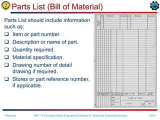 24/57
Parts List (Bill of Material)
Parts List should include information
such as:
 Item or part number.
 Description or name of part.
 Quantity required.
 Material specification.
 Drawing number of detail
drawing if required.
 Stores or part reference number,
if applicable.
T.Akyürek ME 114 Computer Aided Engineering Drawing II– Assembly Drawing Exercises
 