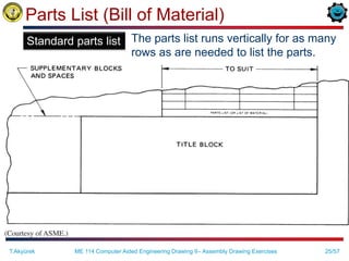 25/57
Parts List (Bill of Material)
The parts list runs vertically for as many
rows as are needed to list the parts.
T.Akyürek ME 114 Computer Aided Engineering Drawing II– Assembly Drawing Exercises
Standard parts list
 
